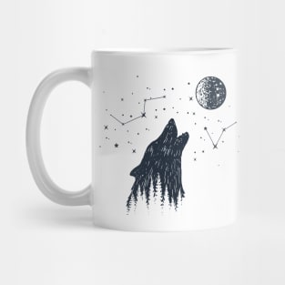 Inspirational Illustration With Wolf, Moon, Stars And Forest In Double Exposure Style Mug